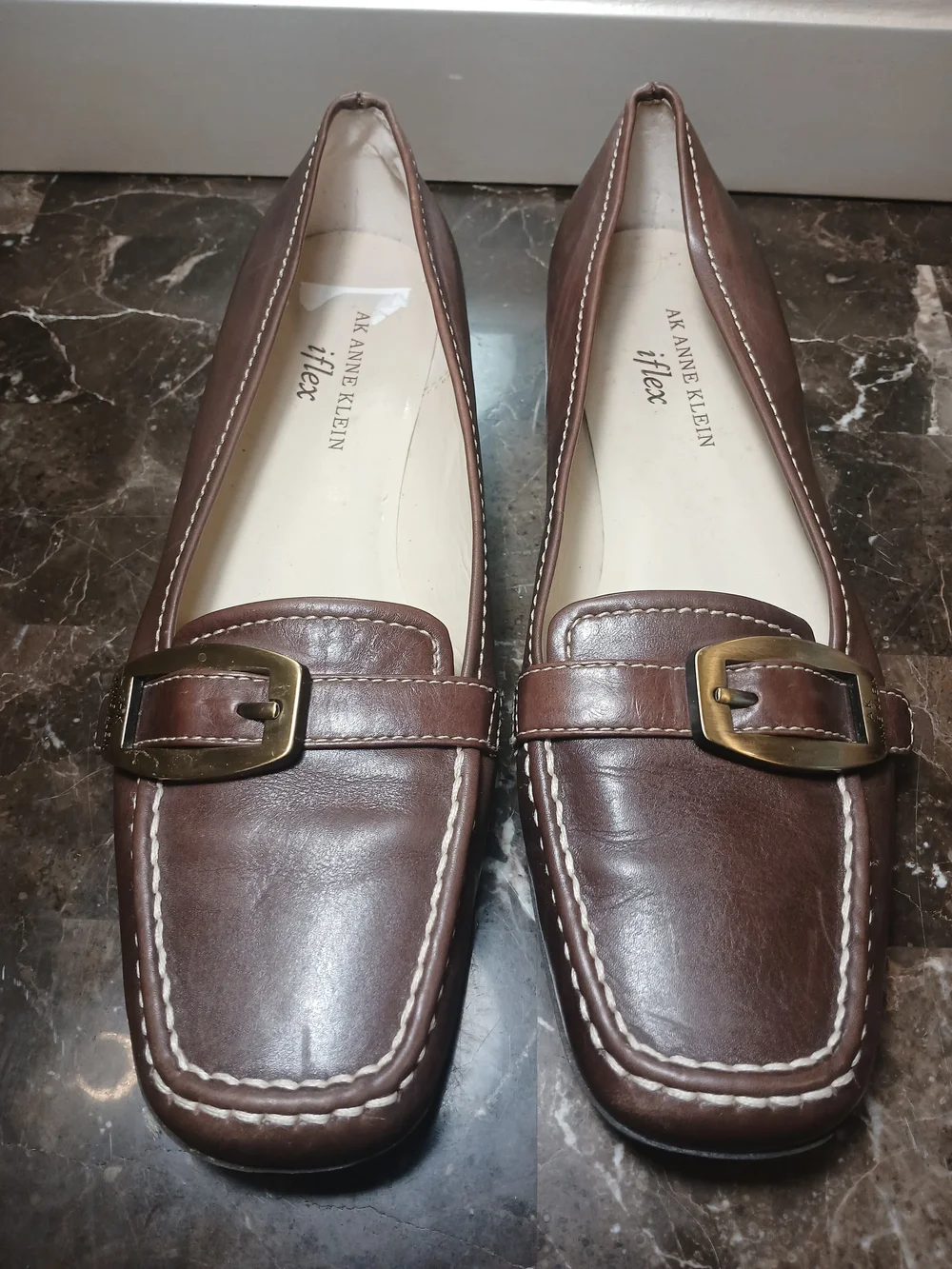 Anne Klein Brown Leather Loafers with Brass Buckle